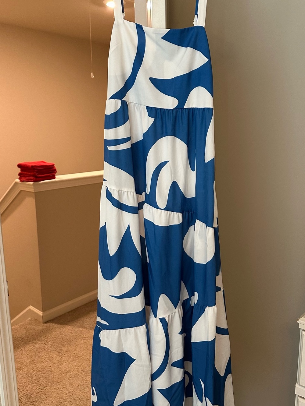 SHEIN Blue and White Abstract Tiered Maxi Dress